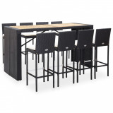 VidaXL Set de bar exterior, 9 piese, negru, poliratan și lemn acacia