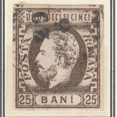 ROMANIA 1871 LP 33 CAROL I CU BARBA 25 BANI BRUN DESCHIS NEDANTELAT T2 STAMPILAT