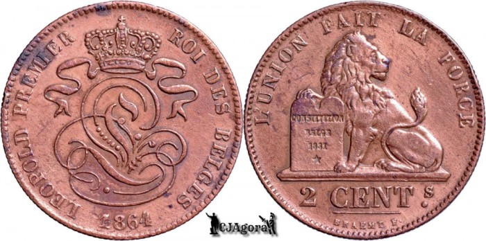 1864, 2 Centimes - Leopold I - Regatul Belgiei