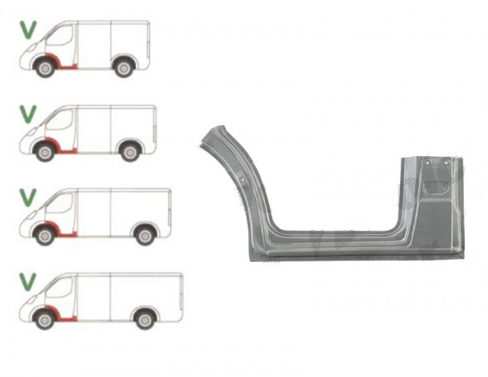 Prag metalic Mercedes Sprinter 2006-2018, Vw Crafter (2e), 12.2005-04.2017, fata, Stanga, inalta; sub usa fata; cu 1/3 segment aripa (aripa interioar