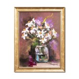 Tablou cu margarete pictat manual inramat, Puritate, 45x35cm ulei pe panza, rama din lemn, Geo Ungureanu