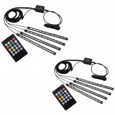 Set 2 x Kit Iluminare Ambientala Auto Banda LED RGB, Interior Masina, 4 Benzi, 48 Leduri SMD, 12V, Senzor Muzica, Intensitate Reglabila, Incarcare la