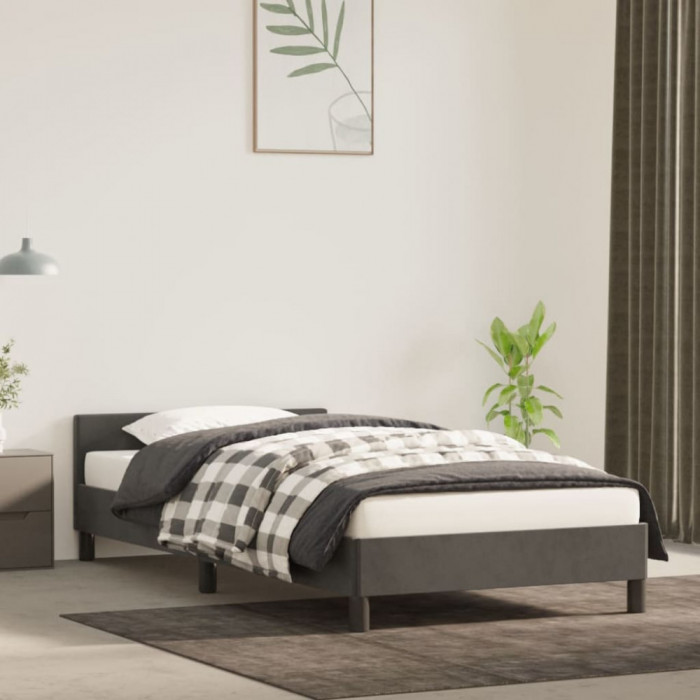 Cadru de pat cu tablie, gri &icirc;nchis, 90x190 cm, catifea GartenMobel Dekor