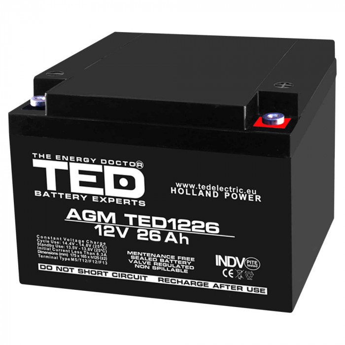 Acumulator AGM VRLA 12V 26A dimensiuni 165mm x 175mm x h 126mm M5 TED Battery Expert Holland TED003638 (1) SafetyGuard Surveillance