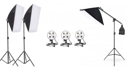 Kit de 3 softboxuri cu macara, soclu de 4 becuri, 3 trepiezi reglabili 200 cm, fara becuri foto