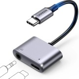 ADAPTOR Incarcare si audio Ugreen, &quot;CM231&quot;, 1 x USB Type-C(T) la 1 x USB Type-C(M) si 1 x Jack 3.5mm(M), lungime cablu 10 cm, gri &quot;60164&quot; (timbru verd