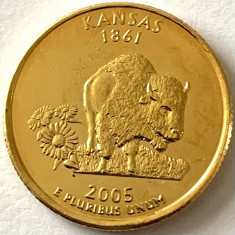 AMERICA QUARTER 1/4 DOLLAR 2005 LITERA D.(Animalul de stat, bivolul - KANSAS) foto