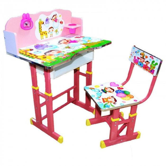 Birou si scaun copii, inaltime reglabila, pentru 3-10 ani, suport pahar, roz, RESIGILAT