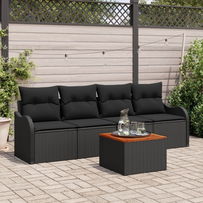 Set de canapea pentru gradina Gossi 5 piese cu perne negru poliratan acacia, canapea de gradina Gossi pentru 2 persoane cu depozitare si perne negru p