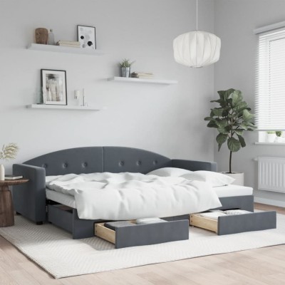 vidaXL Pat de zi cu extensie și sertare gri &amp;icirc;nchis 80x200 cm catifea 3197343 foto