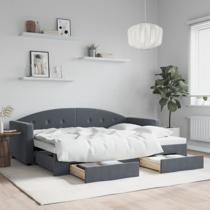vidaXL Pat de zi cu extensie și sertare gri &icirc;nchis 80x200 cm catifea 3197343