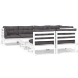 Set mobilier de gradina cu perne, 8 piese, alb, lemn masiv pin