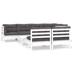 Set mobilier de gradina cu perne, 8 piese, alb, lemn masiv pin