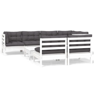 Set mobilier de gradina cu perne, 8 piese, alb, lemn masiv pin foto