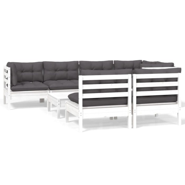 Set mobilier de gradina cu perne, 8 piese, alb, lemn masiv pin