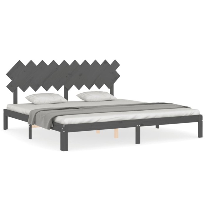 Cadru pat cu tablie 200x200 cm, gri, lemn masiv