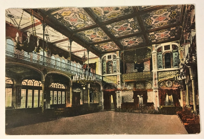 Carte postala color Baile Herculane, interior Salonul de cura, 1928