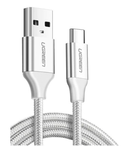 CABLU alimentare si date Ugreen, &quot;US288&quot;, Fast Charging Data Cable pt. smartphone, USB la USB Type-C 3A, nickel plating, braided, 2m, alb &quot;60133&quot; (tim