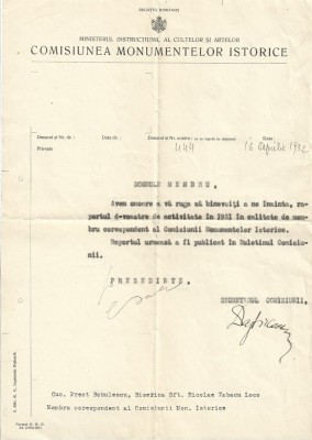 A4050N Act cu antet Comisiunea Monumentelor Istorice, 1932 foto