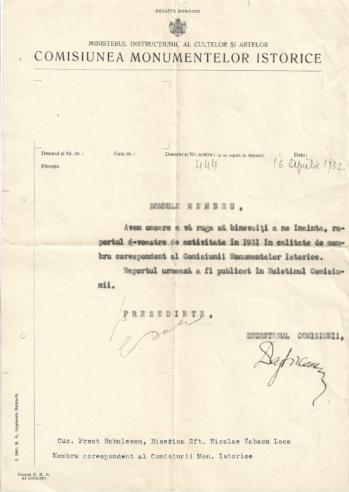 A4050N Act cu antet Comisiunea Monumentelor Istorice, 1932
