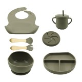 Set 8 piese diversificare bebelusi si copii din silicon eMazing, baveta, farfurie compartimentata cu ventuza, bol cu ventuza, tacamuri din lemn si sil