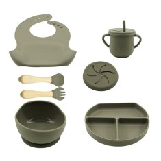 Set 8 piese diversificare bebelusi si copii din silicon eMazing, baveta, farfurie compartimentata cu ventuza, bol cu ventuza, tacamuri din lemn si sil