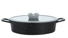 Cratita joasa din aluminiu turnat, 28cm, 4.5litri, capac din sticla, 3 straturi antiaderente, compatibil inductie, Goldmann foto