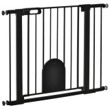 PawHut Barieră Reglabilă pentru C&acirc;ini cu Ușă Mică, Montare prin Presiune și &Icirc;nchidere Automată, 75-103x76 cm, Negru | Aosom Romania