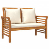 Banchetă canapea cu perne alb crem, lemn masiv de acacia