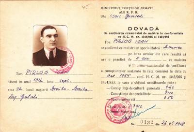 DOVADA DE SUSTINEREA EXAMENULUI DE MAISTRU ARMURIER 1955 foto