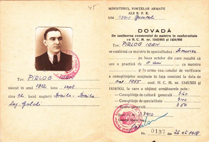 DOVADA DE SUSTINEREA EXAMENULUI DE MAISTRU ARMURIER 1955