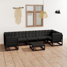 vidaXL Set mobilier grădină cu perne, 8 piese, negru, lemn masiv pin 3077313