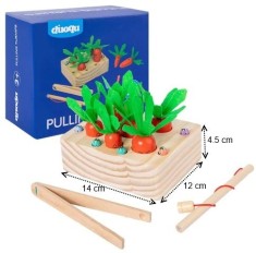 Joc educativ din lemn 2-in-1 , Sortator morcovi si pescuit magnetic, 17 piese, cu penseta
