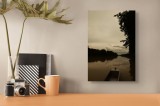 Tablou Canvas, "Barca singuratică pe r&acirc;u tăcut", Calm, Tranquil, Reflective, Overcast, Serene, Silent, Peaceful, Moody, Coastal, Verdant, 26 x 39 cm,