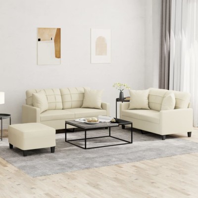 vidaXL Set de canapele cu perne, 3 piese, crem, piele ecologică foto