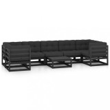 Set mobilier gradina cu perne, 8 piese, negru, lemn masiv pin