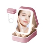 Portfard cosmetice cu oglind&Auml; led, 3 modele de lumin&Auml;, &Atilde;nc&Auml;rcare usb, baterie 1200 mah, compartimentat, imita&Egrave;ie piele, roz, 16.5x11.5x6 cm