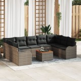 Gossi set de canapea de gradina cu 10 piese cu perne gri poliratan acacia, Gossi canapea de gradina cu 2 locuri cu perne gri poliratan