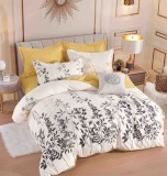 Cumpara ieftin Lenjerie pat dublu,bumbac finet,6 piese,cearceaf cu elastic,alba galbena cu flori-A1463