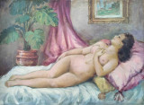 Femeie nud - pictură veche, semnată, Ulei, Realism