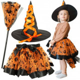 Set costumas halloween copii, micuta vrajitoare, 3 piese, fustita, palarie si matura, 3 ani +, negru cu portocaliu, Godan