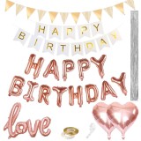 Set decor aniversar Happy Birthday cu 48 piese, baloane roz si argintiu