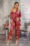 L834RR-81 Set 3 piese pijama casual din material satinat cu print floral, L/XL, M/L, S/M