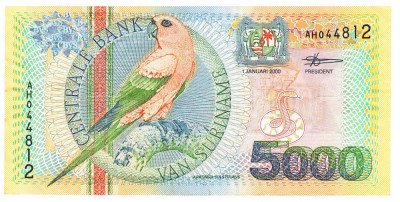 Suriname 5 000 Guldeni 2000 P-152 Seria 044812 foto