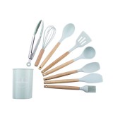 Set 9 ustensile din silicon si maner lemn pentru gatit cu suport din plastic, verde pastelat