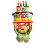 Balon din folie metalizata, flippy, figurine animalute, model ursulet cu tort aniversar, 124x65 cm, ambalaj individual, pai inclus, umflare cu aer sau