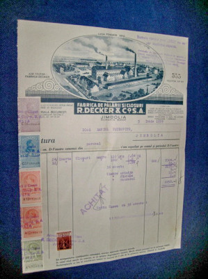 1618-I-Fabrica de Palarii- R.Decker&amp;amp; Co. SA Jimbolia 1939 factura-act vechi. foto