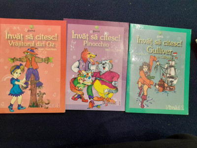 3 carti seria Gama &amp;Icirc;nvăț să citesc! Nivelul 1 Vrăjitorul din Oz Pinocchio Gulliv foto