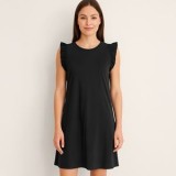 Rochie de vară neagră din bumbac cu volane la maneci, CMCLASS