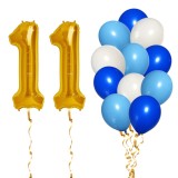Set Baloane Aniversare 11 Ani Baiat Albastru, 14 Piese: Cifre Aurii 81cm + Latex 30cm. Decor Petrecere Copii Ropet